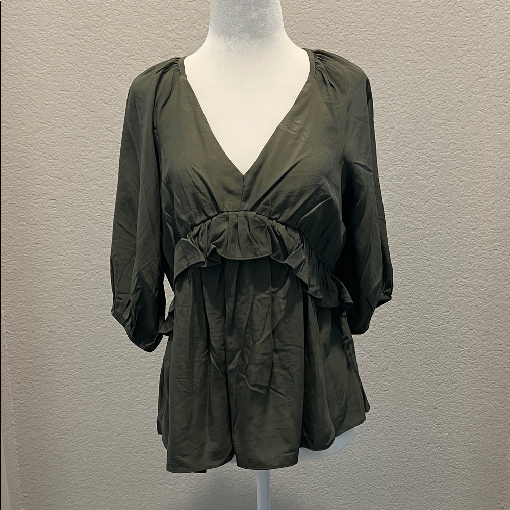 Pink Lily Forest Green Ruffle Blouse